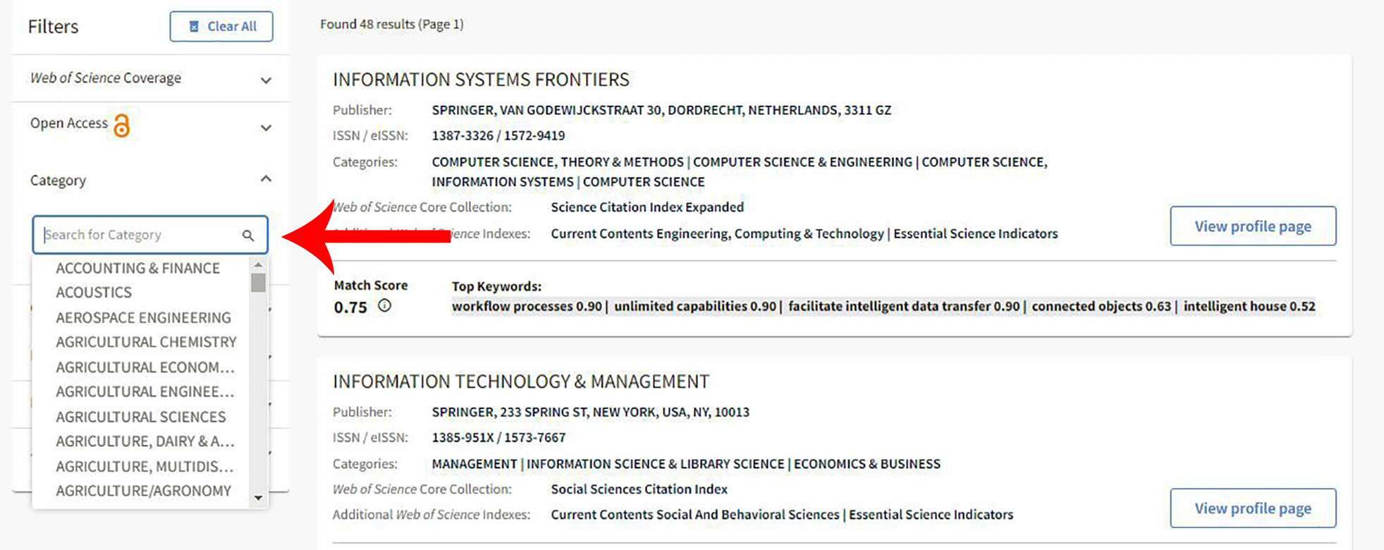 Master journal category filter