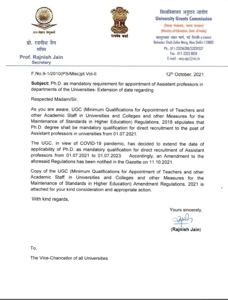 PhD Not Mandatory for Appointment of Assistant Professor - UGC