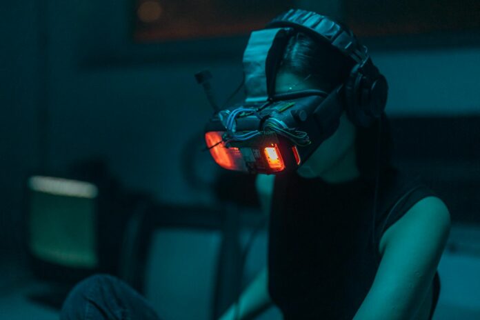 a person wearing digital goggles with lights